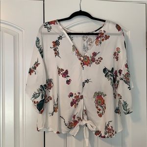 Whit Floral Tie Front Top
